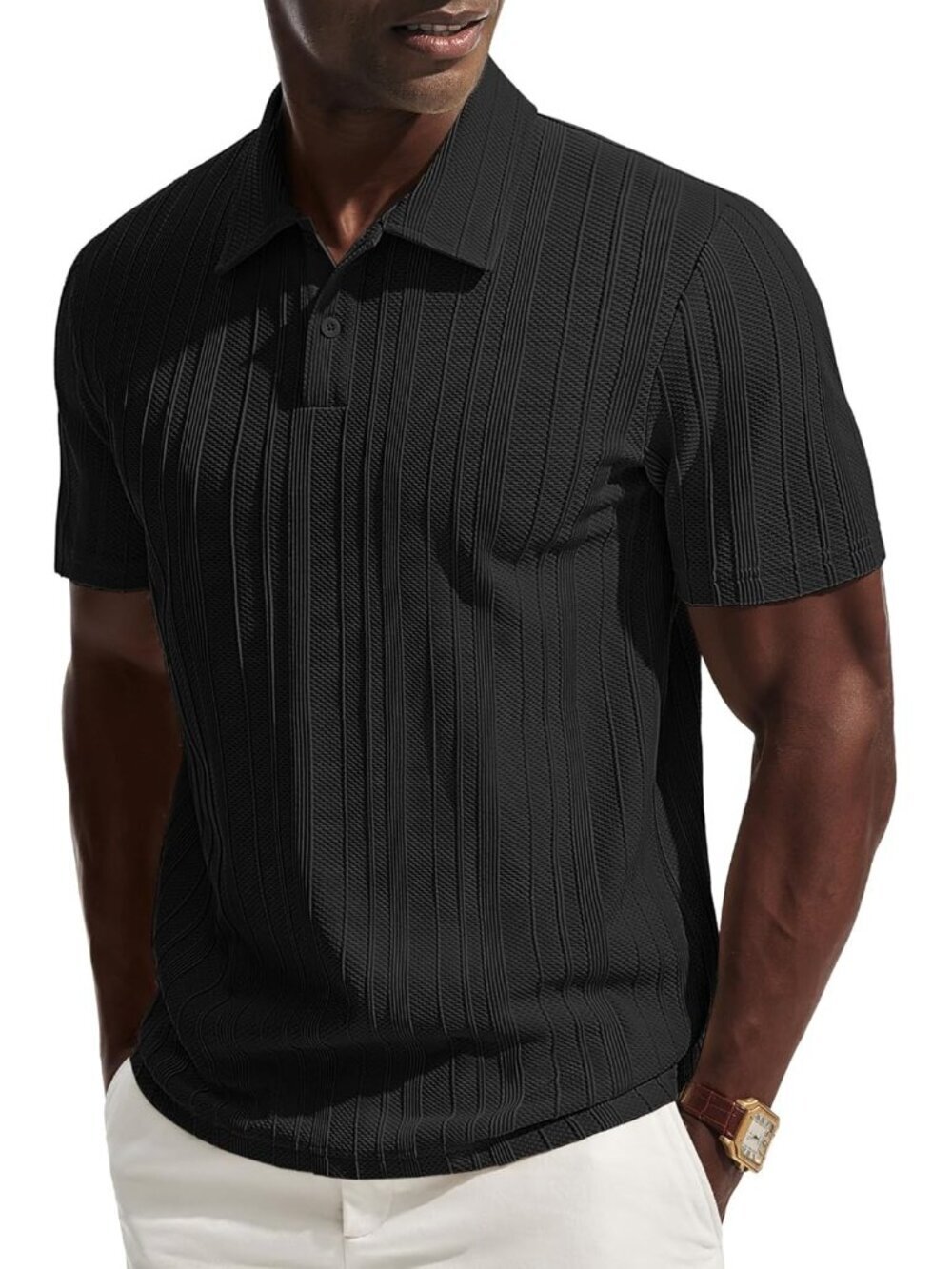 Men's Black Polo Shirts Short Sleeve Casual Textured Knit Collared Golf